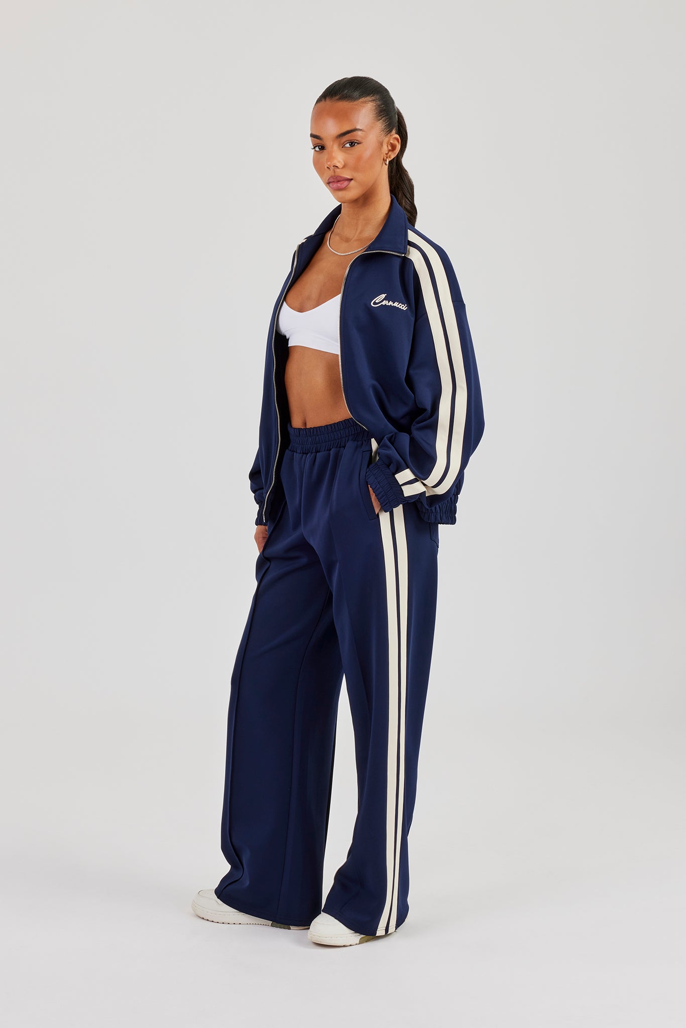 Funnel Neck Taping Zip Through Track Jacket & Wide Leg Pant - Navy Blue
